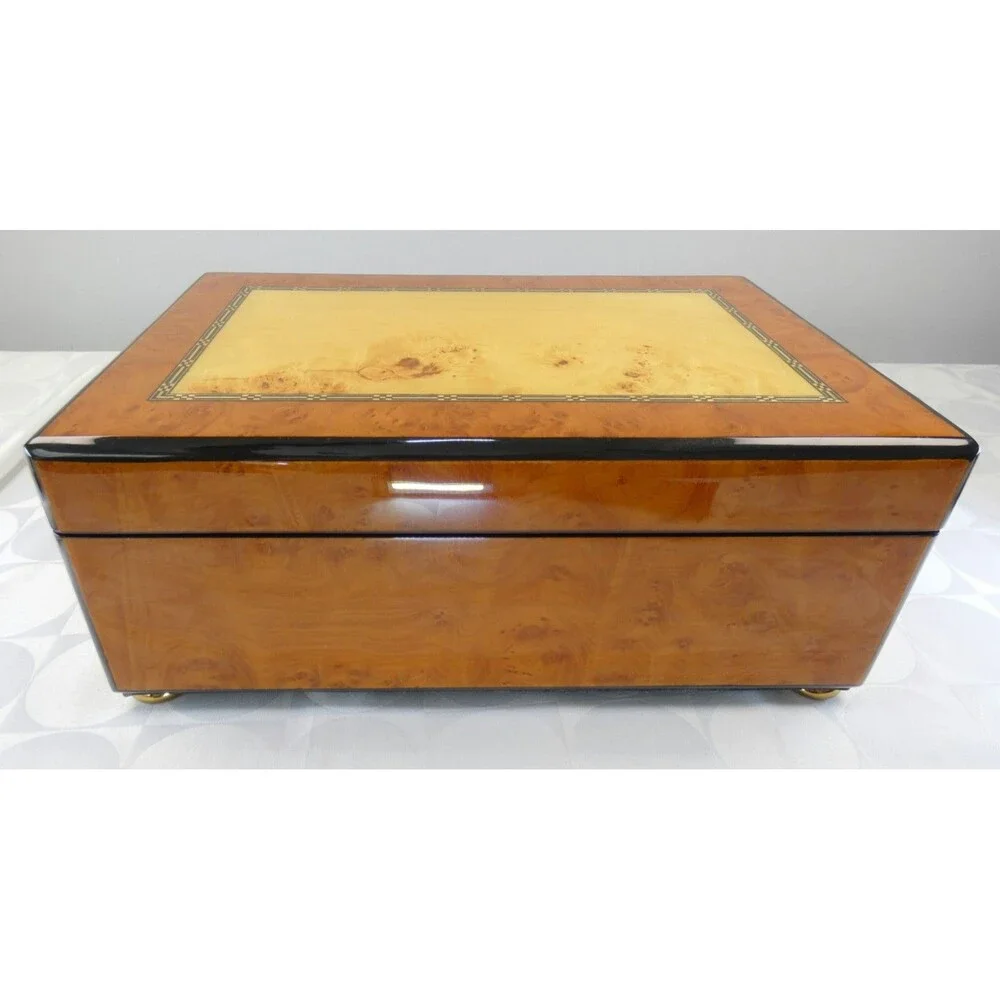 Unisex VTG Burl Wood Jewelry Box Inlay Tray Insert Black Velvet Lining Large